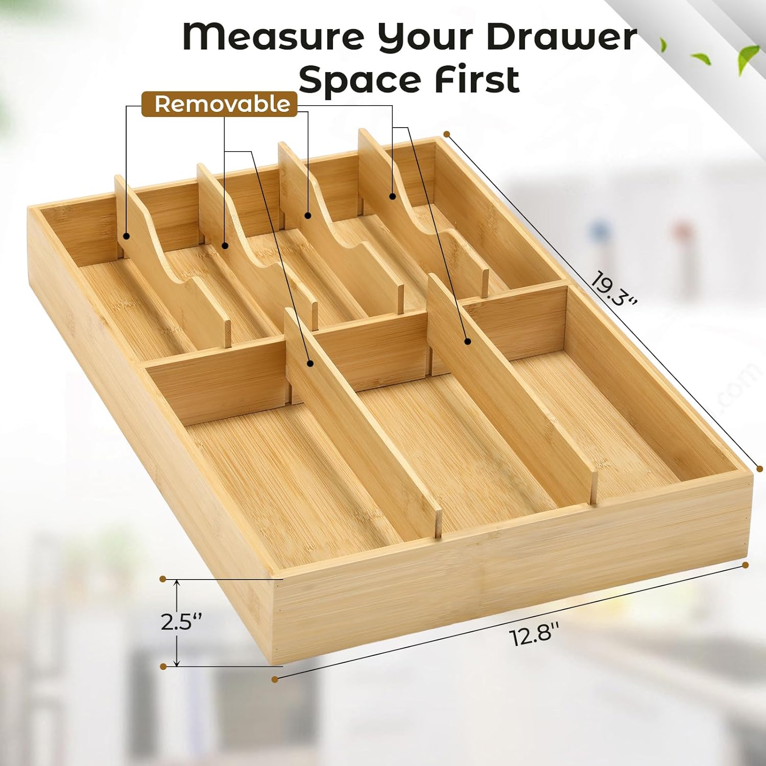Fabsome Silverware Organizer for Kitchen Drawers, 2.5'' Deep 12.8'' Wide Bamboo Wood Flatware Tray