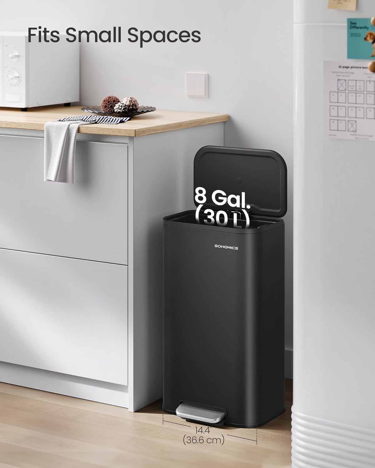 SONGMICS Kitchen Trash Can, 8-Gallon (30 L) Garbage Can with Lid, Stainless Steel, Soft Close and