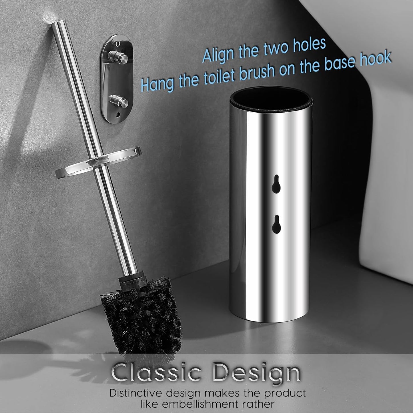 Toilet Brush and Brush Holder, Stainless Steel No-Punch Hook Base Dual Purpose Toilet Brush Holder