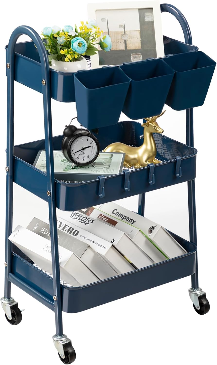 danpinera 3-Tier Rolling Cart, Metal Rolling Storage Cart with Lockable Wheels & Hanging Cups &