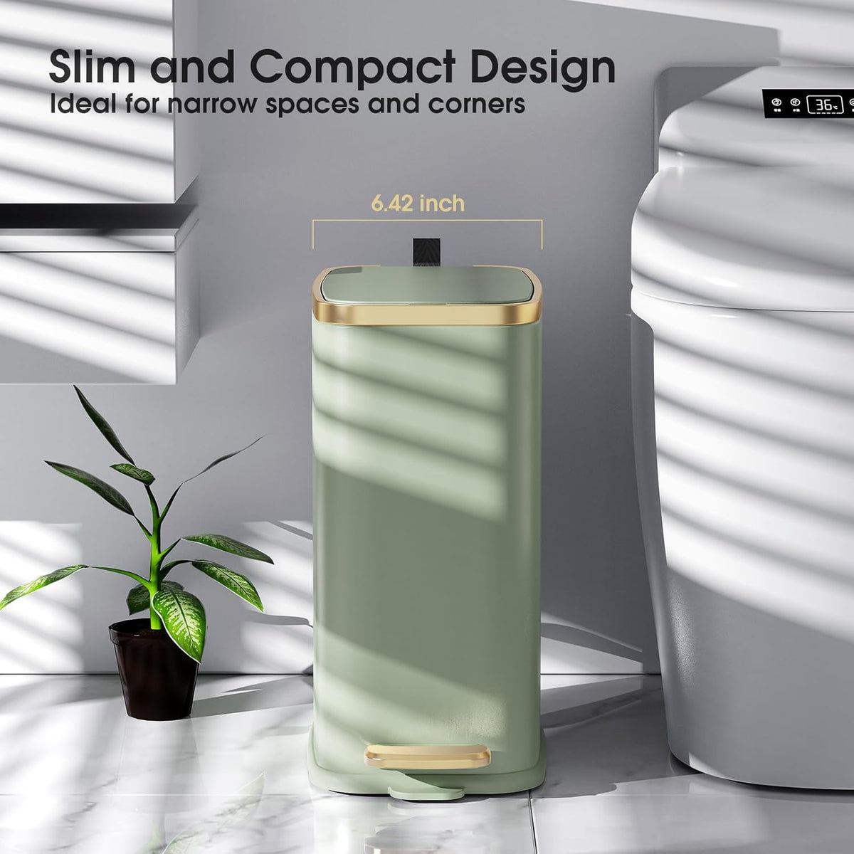 CEROELDA Small Bathroom Trash Can with Lid Soft Close-5L/1.3 Gal Slim Garbage Can-Metal Step