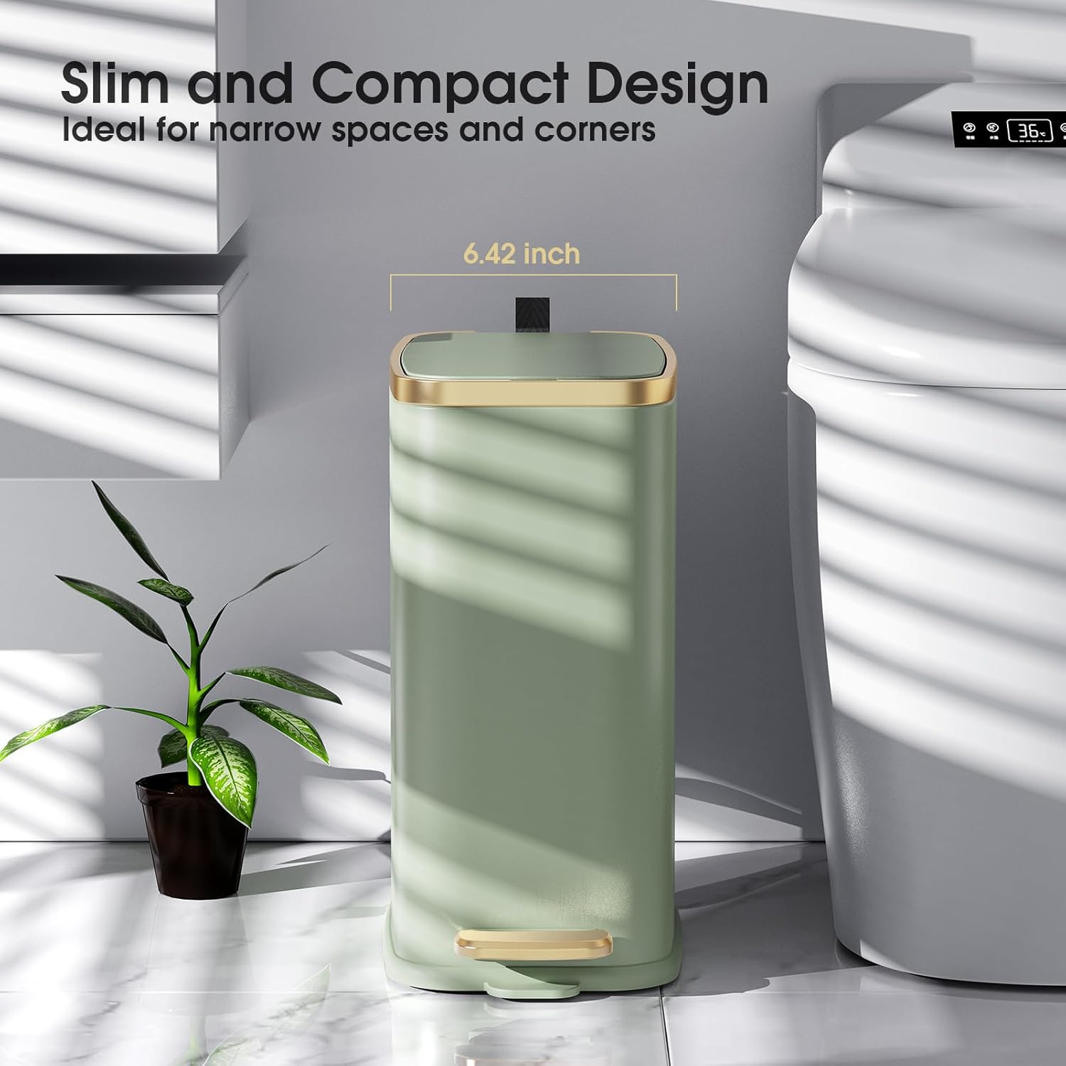 CEROELDA Small Bathroom Trash Can with Lid Soft Close-5L/1.3 Gal Slim Garbage Can-Metal Step