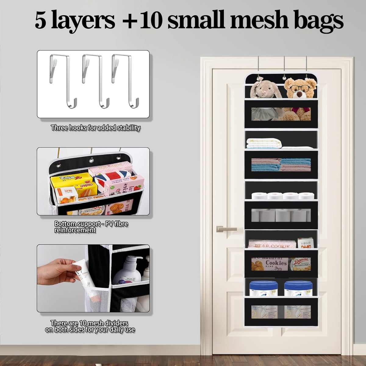 Over The Door Organizer, 5 Shelves Closet Door Hanging Organizer with 10 Mesh Pockets, Nursery