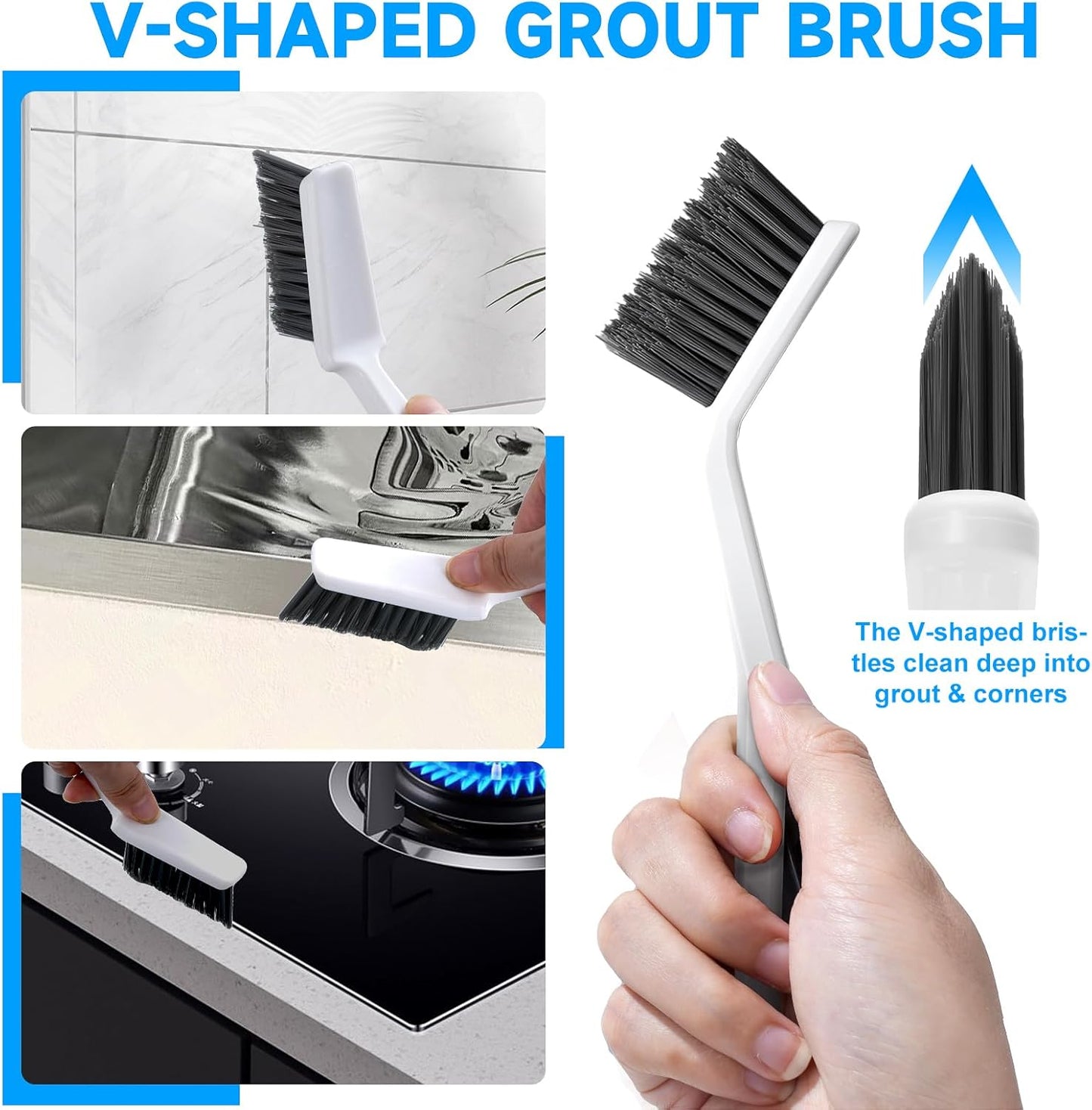 14Pcs Crevice Cleaning Brush Set, V Shape Grout Cleaner Brush for Deep Cleaning Gap, Hard Bristle