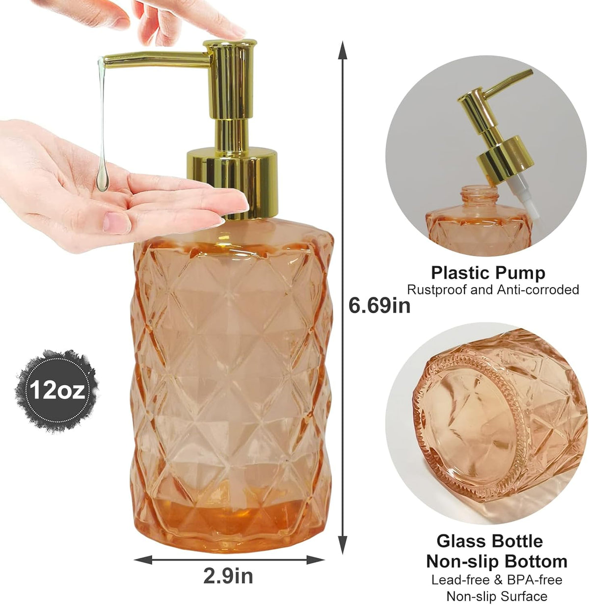 Glass Soap Dispenser with Gold Plastic Pump, 12oz Refillable Liquid Hand Soap Dispenser, Crystal