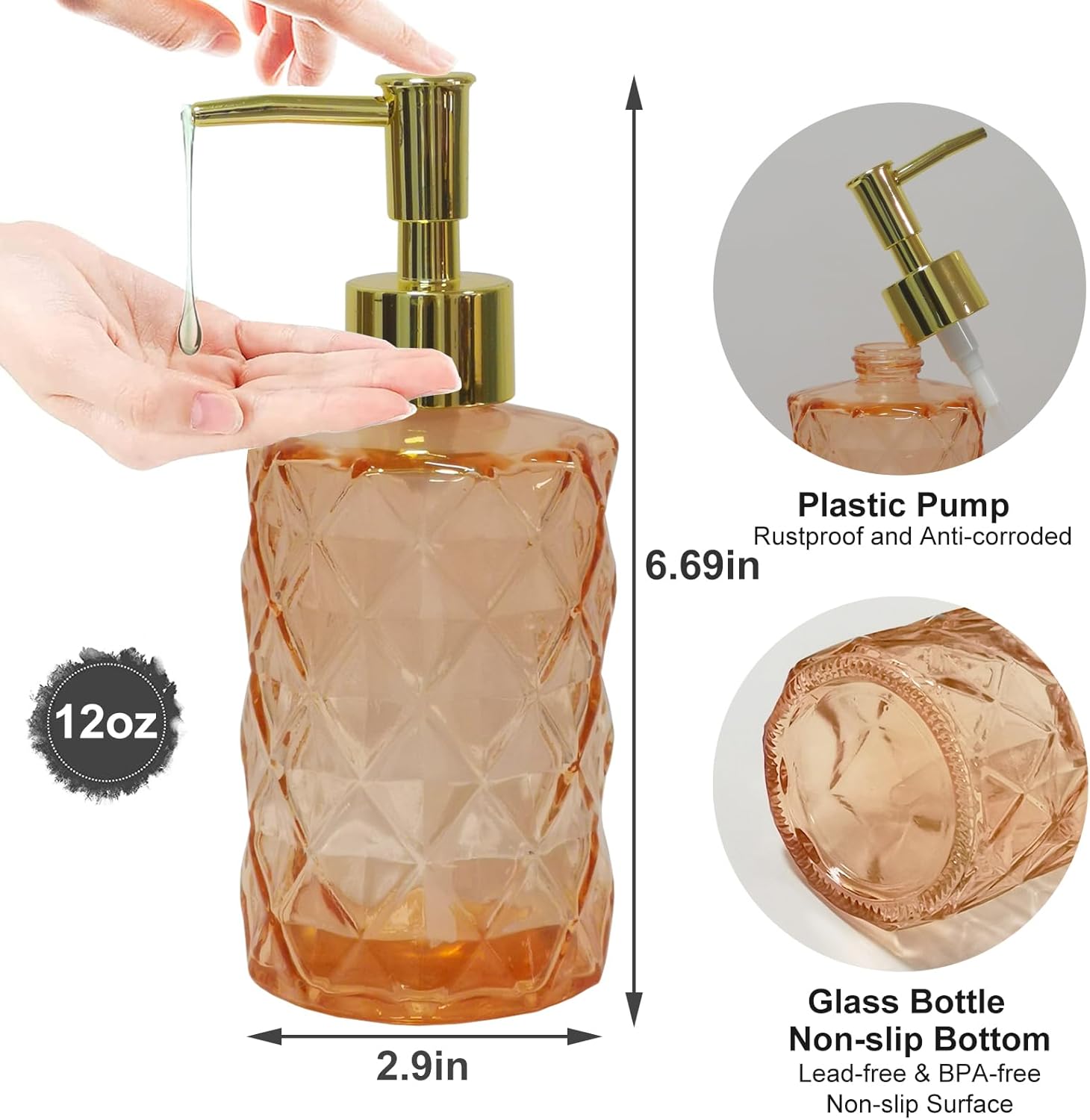 Glass Soap Dispenser with Gold Plastic Pump, 12oz Refillable Liquid Hand Soap Dispenser, Crystal