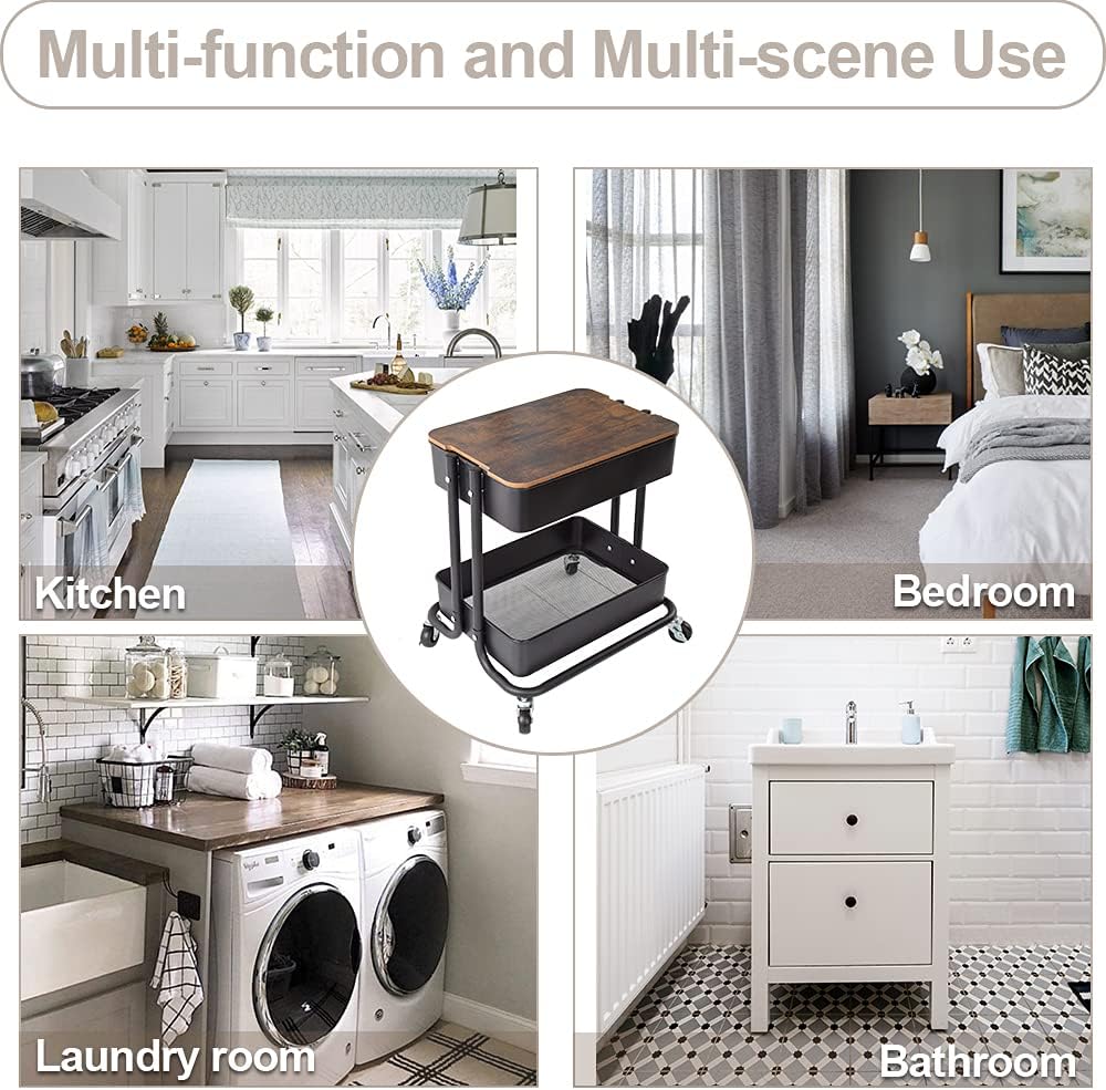 Melody House 2-Tier Metal Utility Rolling Cart Storage Organizer with Cover Board Mobile Trolley