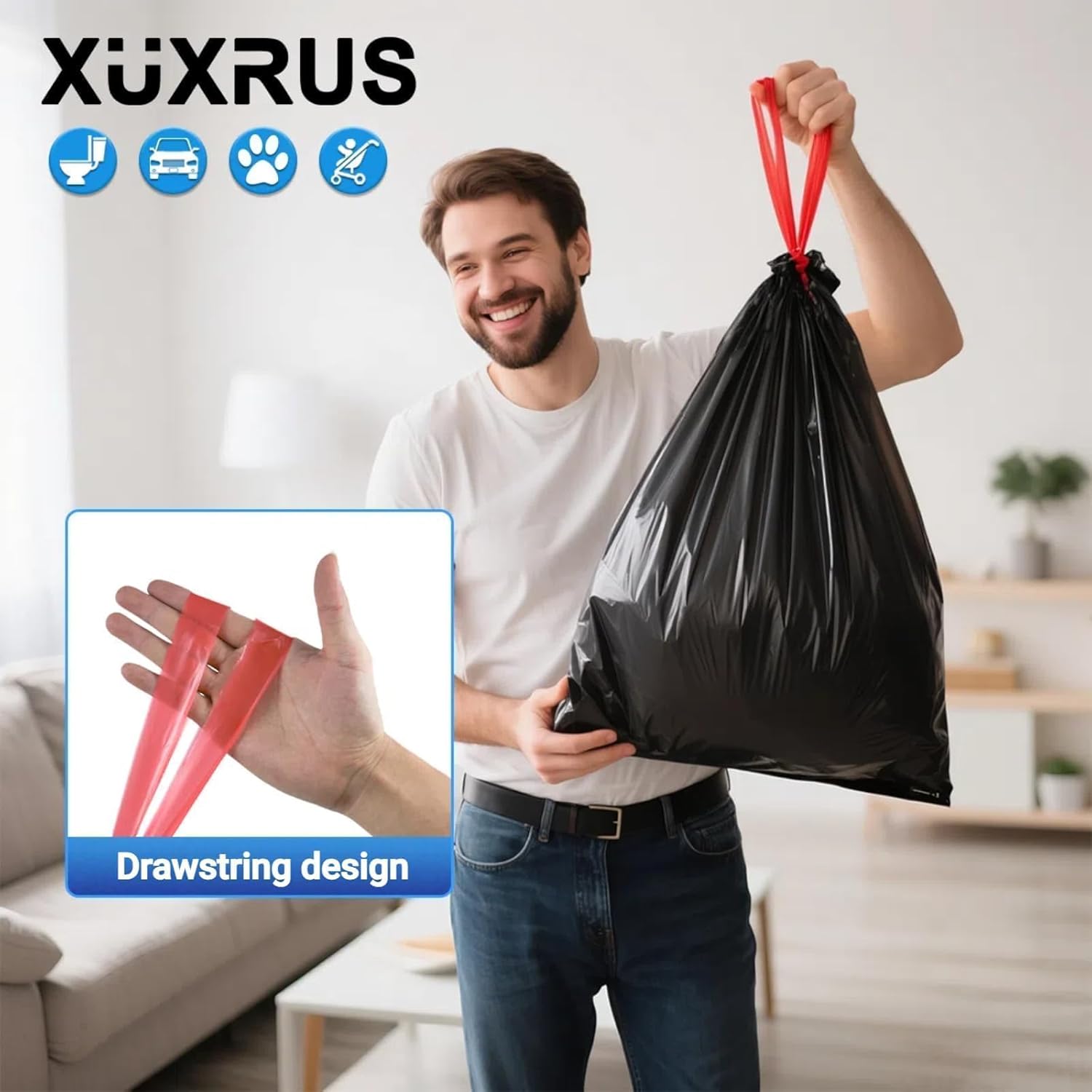 XUXRUS 2.6-3 Gallon Black Bathroom Drawstring Trash Bags - 60 Count Folded Small Garbage Bags