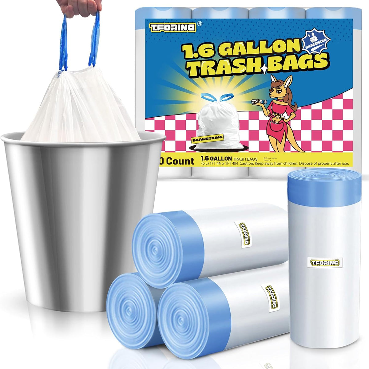 1.6 Gallon Mini Trash Bags Drawstring - 120 Count Strong Small Garbage Bags Unscented,White Trash