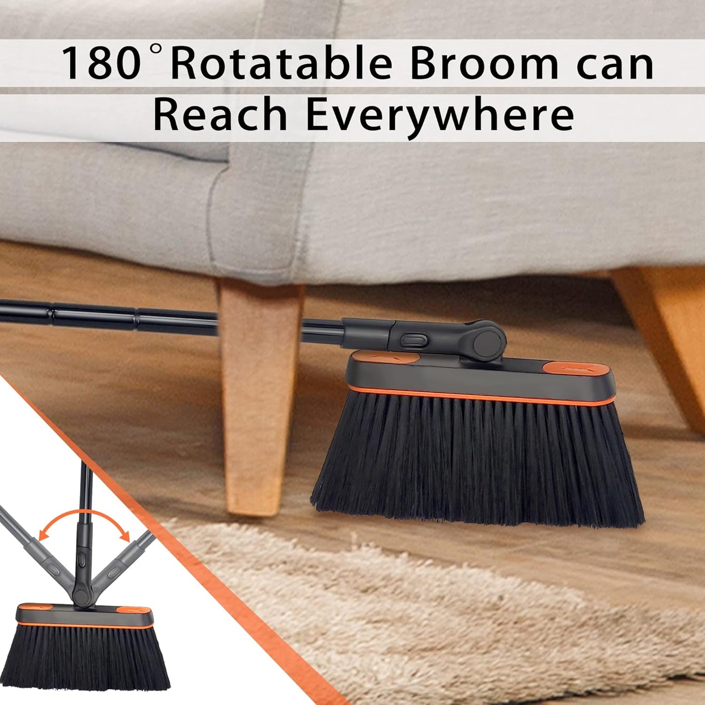 JEHONN Broom and Dustpan Set for Home, Long Handle Lightweight 180 Degree Rotating Broom Set