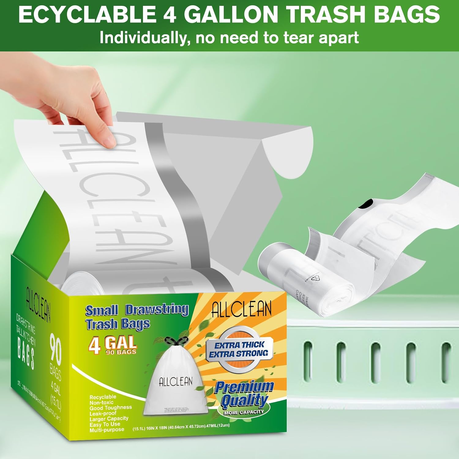 Trash Bags 4 Gallon Small Kitchen Drawstring Bathroom Garbage Bags, Fit 2-4 Gal Bins,Extra