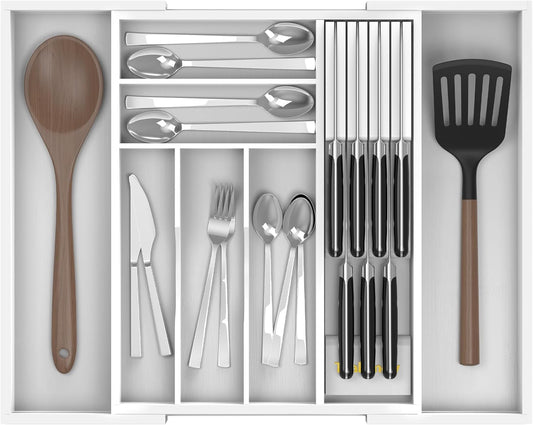 Bamboo Kitchen Drawer Organizer, Expandable Utensil Organizer with Removable Knife Block, Cutlery