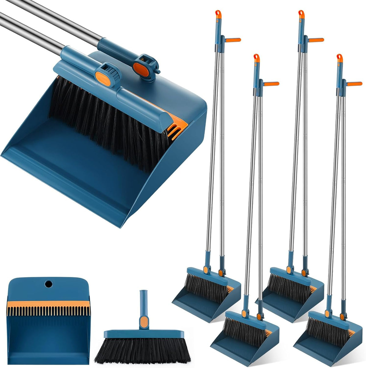 Suclain 4 Set 8 Pcs Broom and Dustpan Set 47 Inch Long Handle Brooms for Sweeping Indoor Household