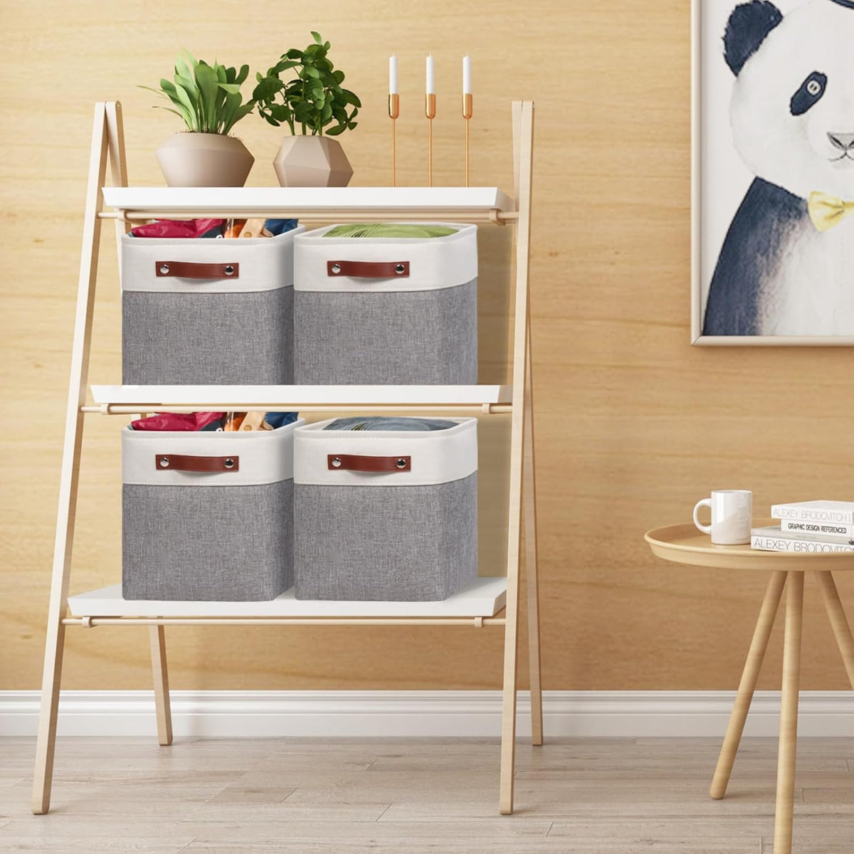 Univivi 10.5 Inch Fabric Cube Bins with Hard Bottom, 4 Pack Storage Baskets with PU Handles for