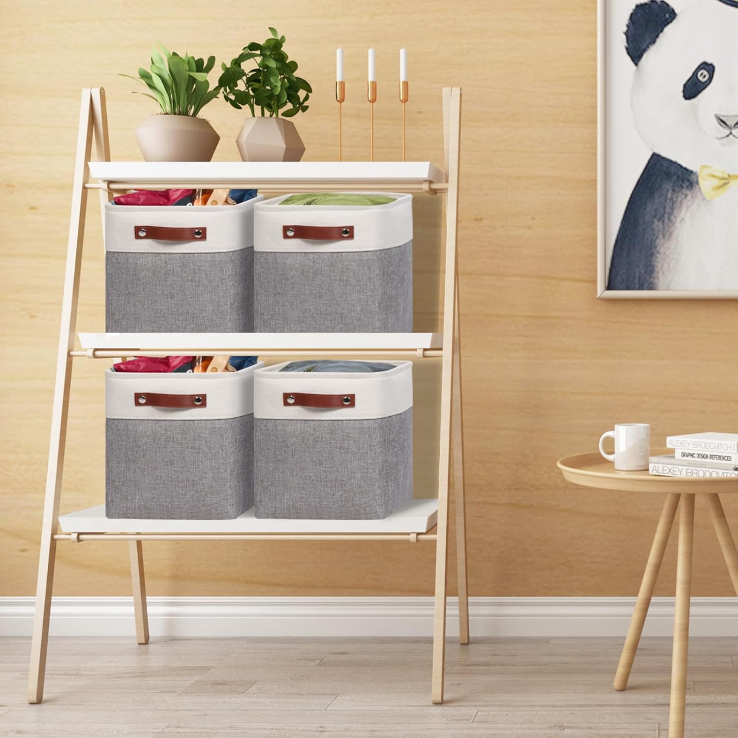 Univivi 10.5 Inch Fabric Cube Bins with Hard Bottom, 4 Pack Storage Baskets with PU Handles for