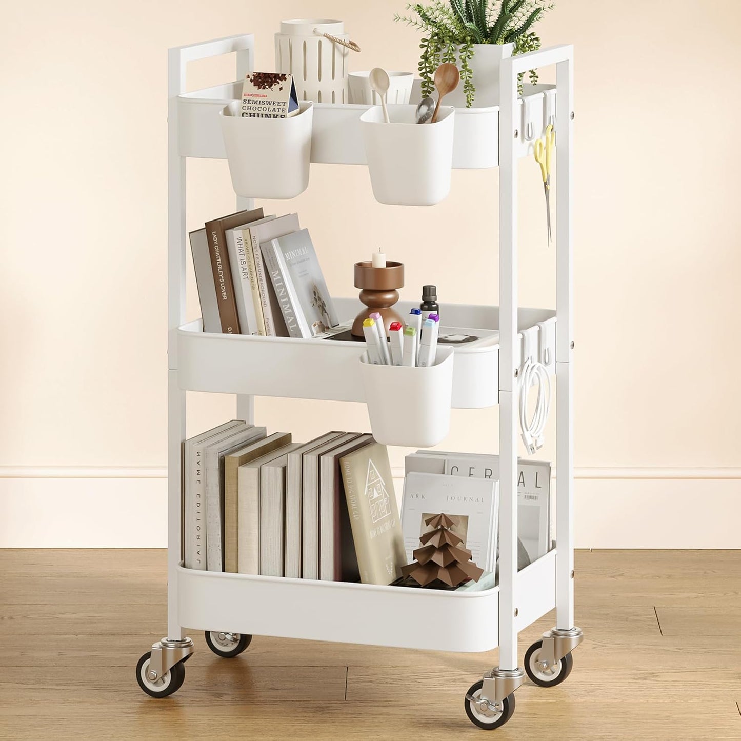 3 Tier Rolling Cart,Utility Cart with Locking Wheels, Hanging Cups,&Hooks, Heavy Duty Metal Storage