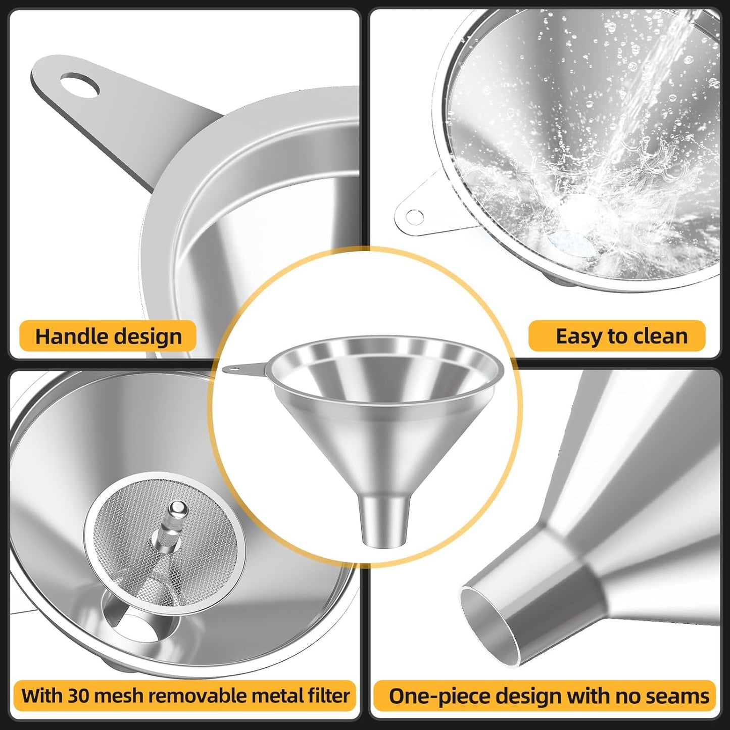 3 Pack Stainless Steel Kitchen Funnel Set,funnels for Kitchen use Filling Bottles, 2 Size Spouts