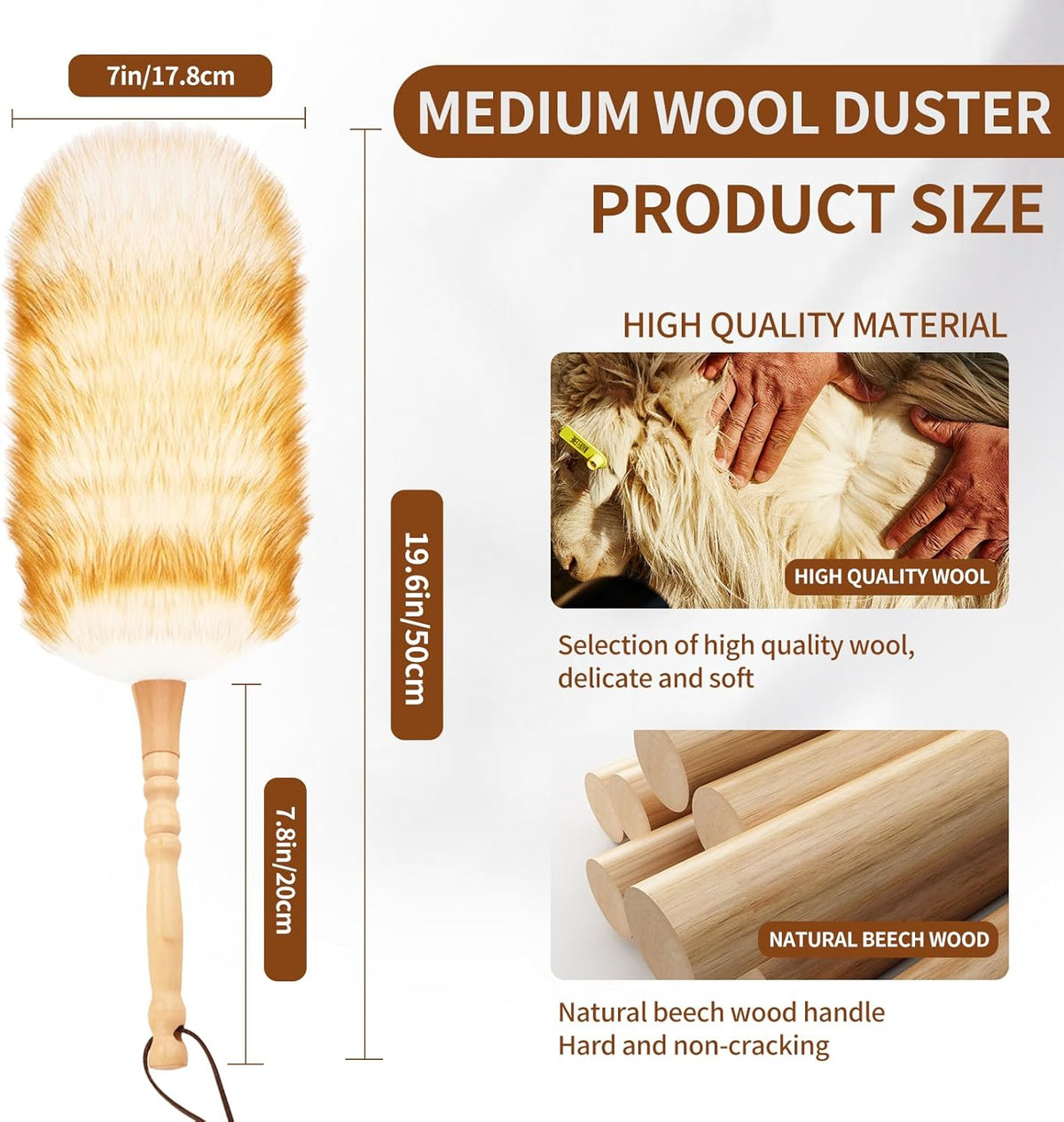 Lambswool Duster for Cleaning with Solid Wooden Handle Leather Hang Strap 19.6 inch Natural Feather