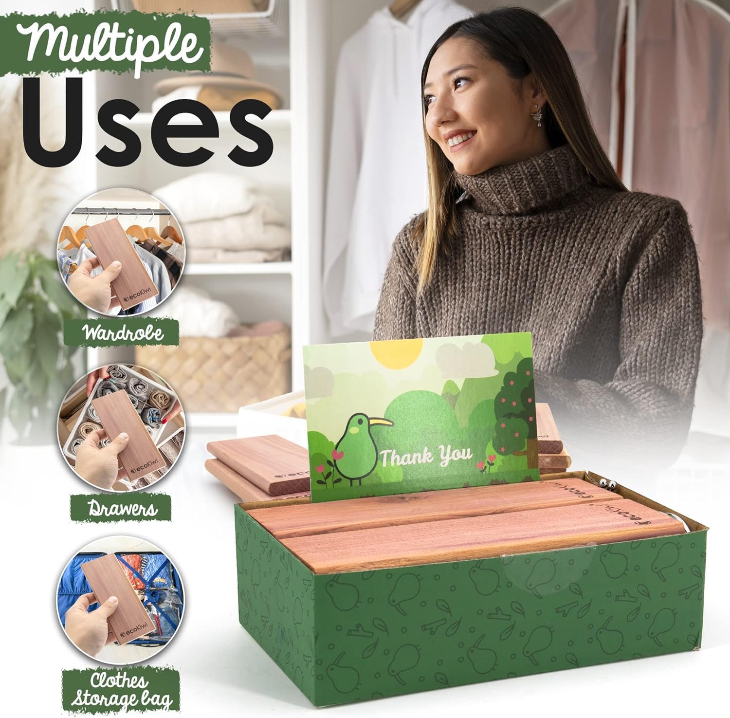 ecoKiwi Cedar Blocks for Clothes Storage - 10 Pack Hang Ups - 100% Natural Aromatic Cedar Planks