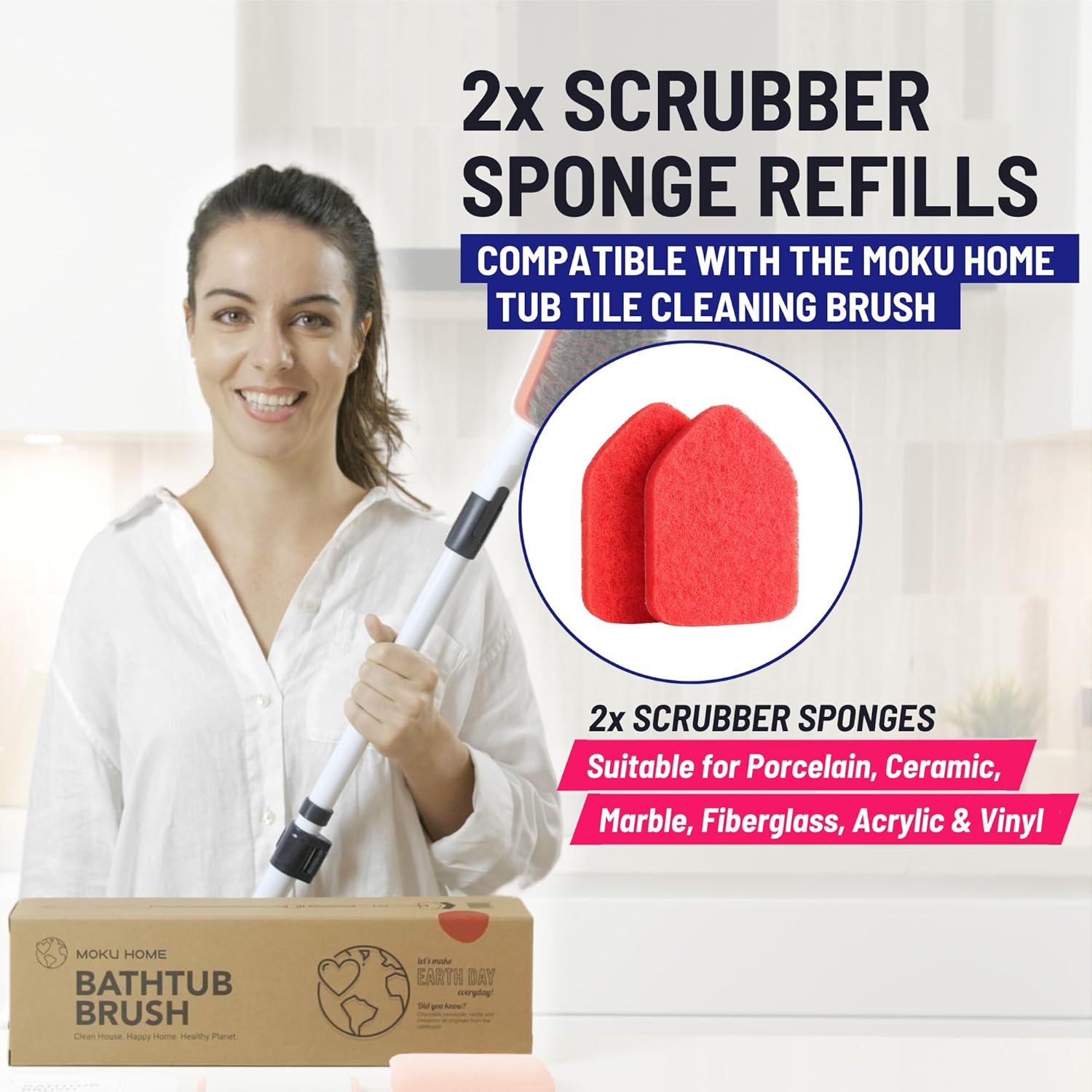 Replacement Scrubber Refill for Moku Home Extendable Tub Tile Shower Brush for Cleaning Non-Scratch