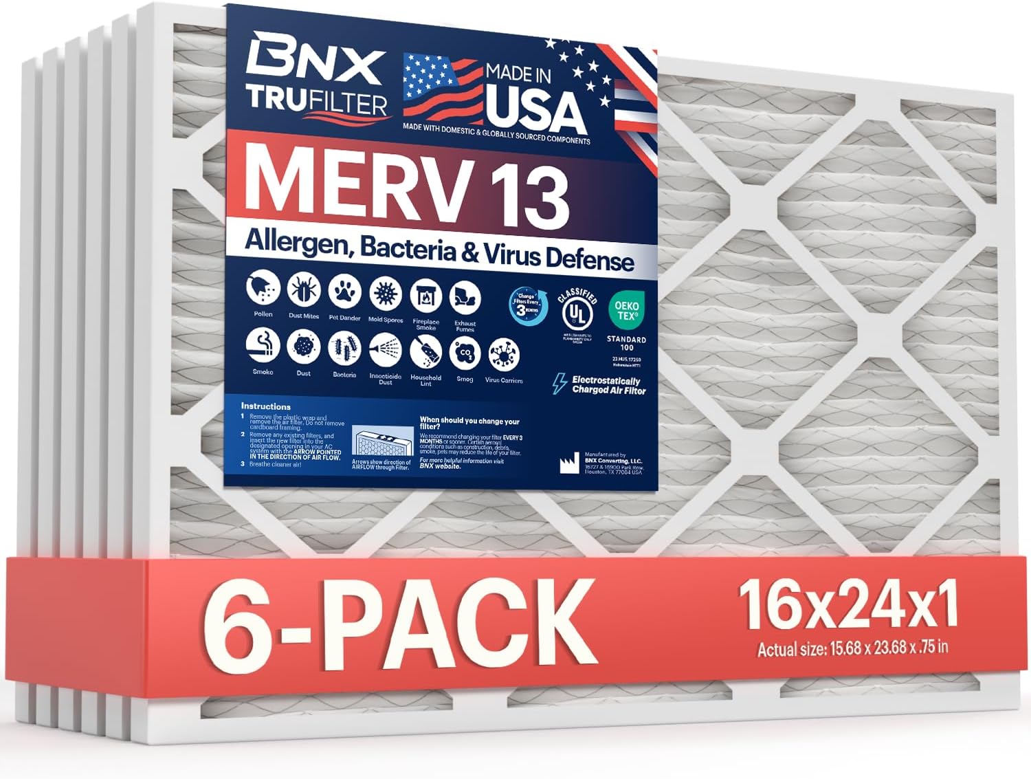 BNX TruFilter 16x24x1 Air Filter MERV 13 (6-Pack) - MADE IN USA - Electrostatic Pleated Air
