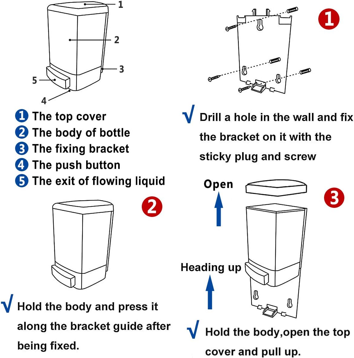 Manual Soap Dispenser 33.8oz / 1000ml Kitchen Bathroom Wall Mounted Commercial Soap Dispenser for