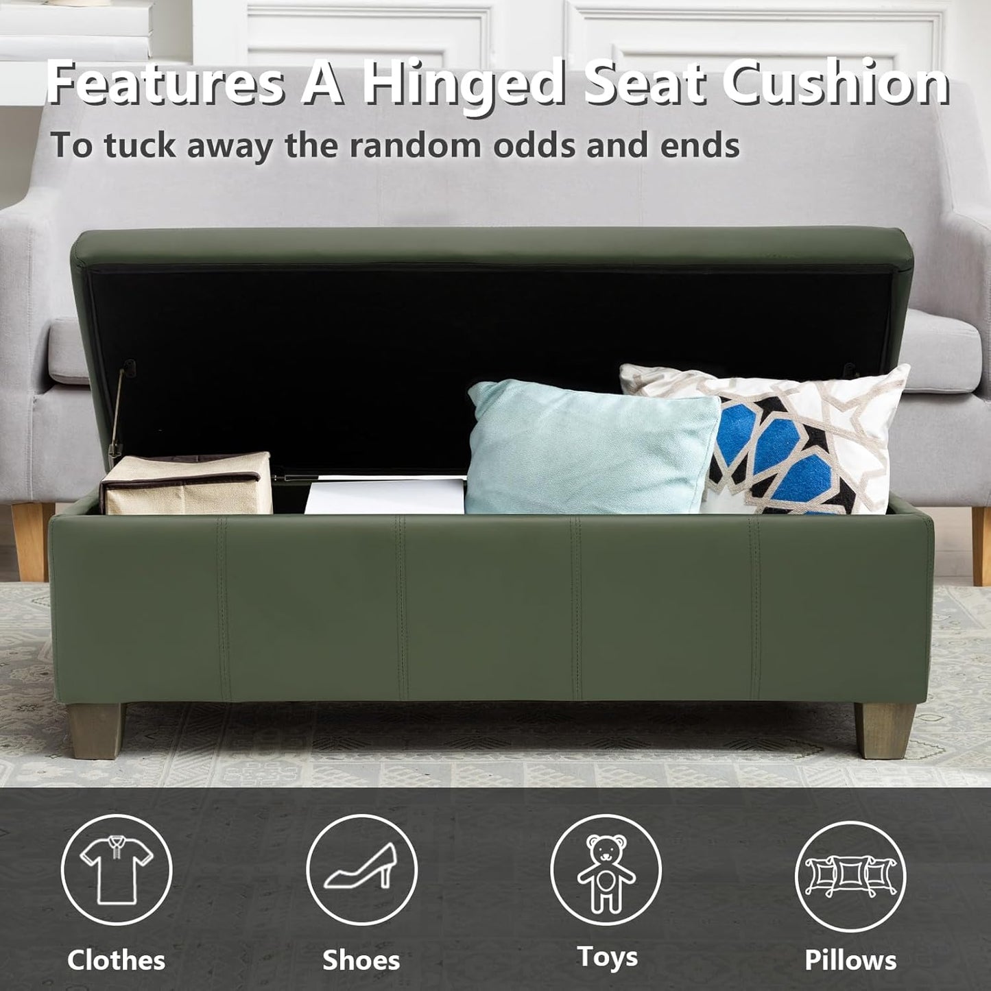 Teal Faux Leather Ottoman with Storage, Rectangular Extra Long Storage Bench for Bedroom and Living