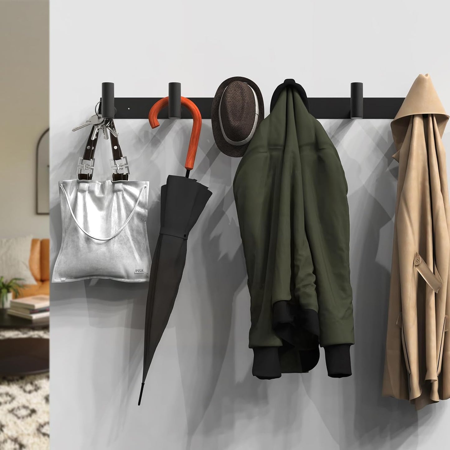 VAEHOLD Black Hat and Coat Wall Mount Rack - 3 Hooks for Robes, Bags, Keys, and Towels - Bathroom