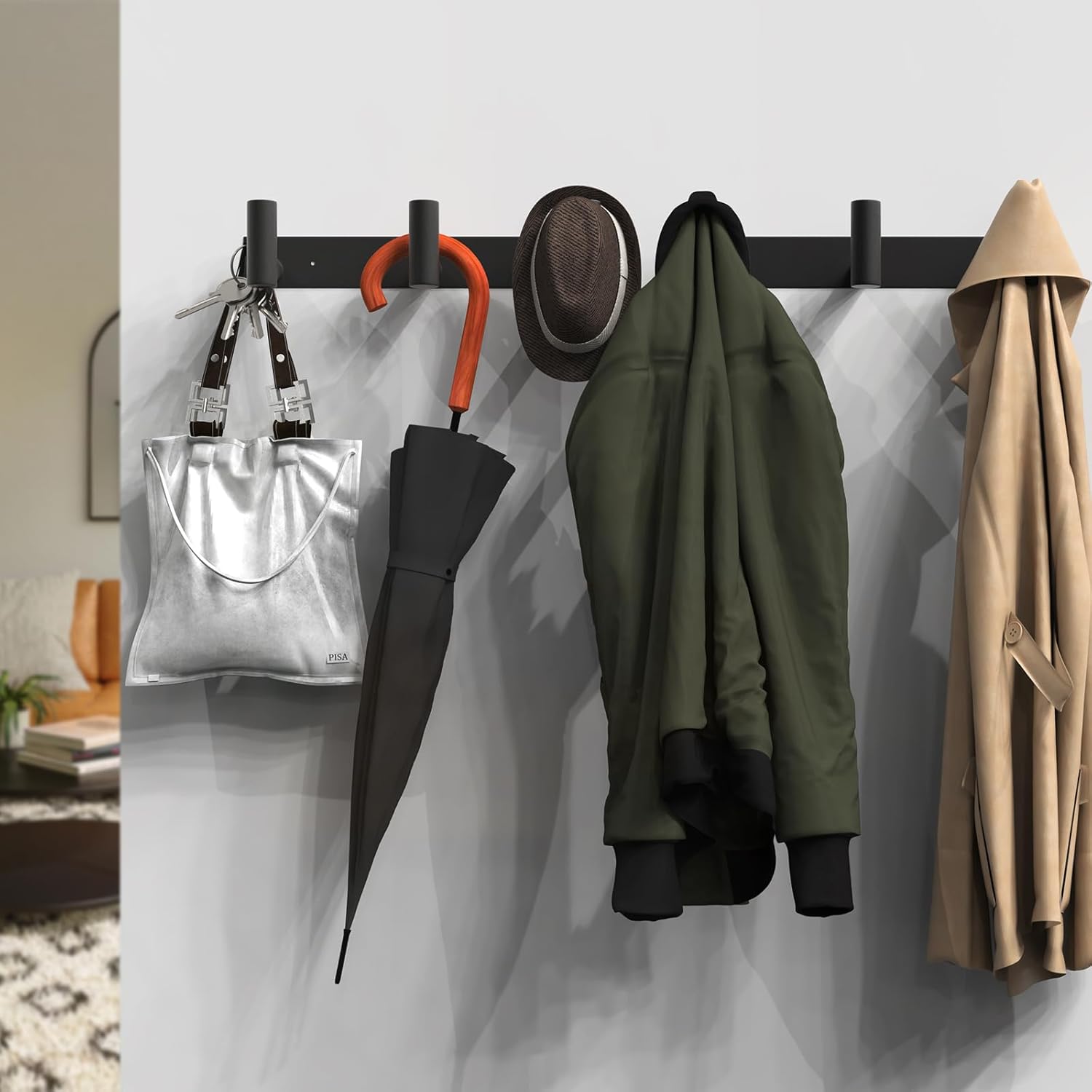 VAEHOLD Black Hat and Coat Wall Mount Rack - 3 Hooks for Robes, Bags, Keys, and Towels - Bathroom
