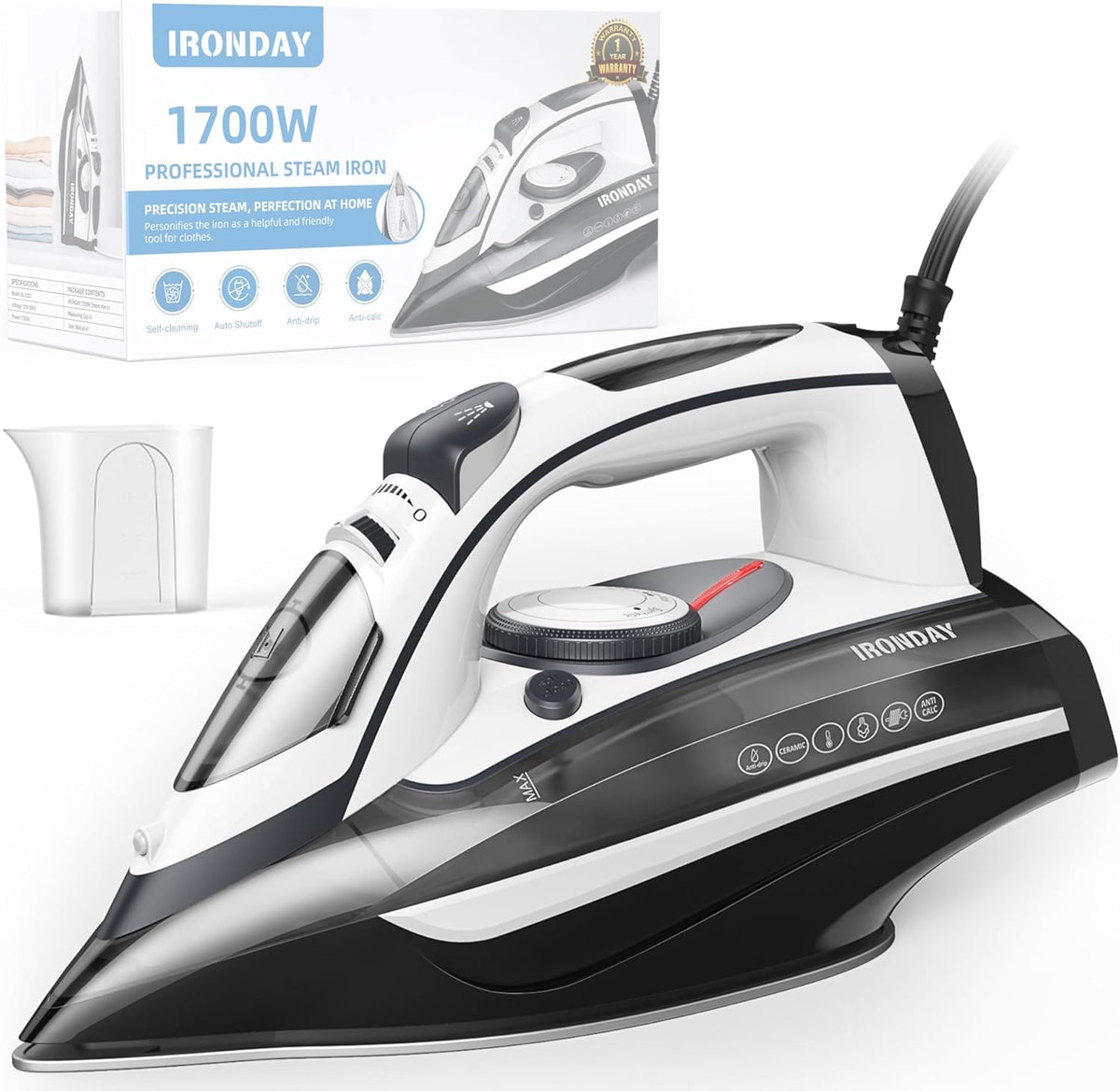 Steam Iron for Clothes Rapid Heating, 1700W Iron with Non-Stick Ceramic Soleplate, 3-Way Auto-Off