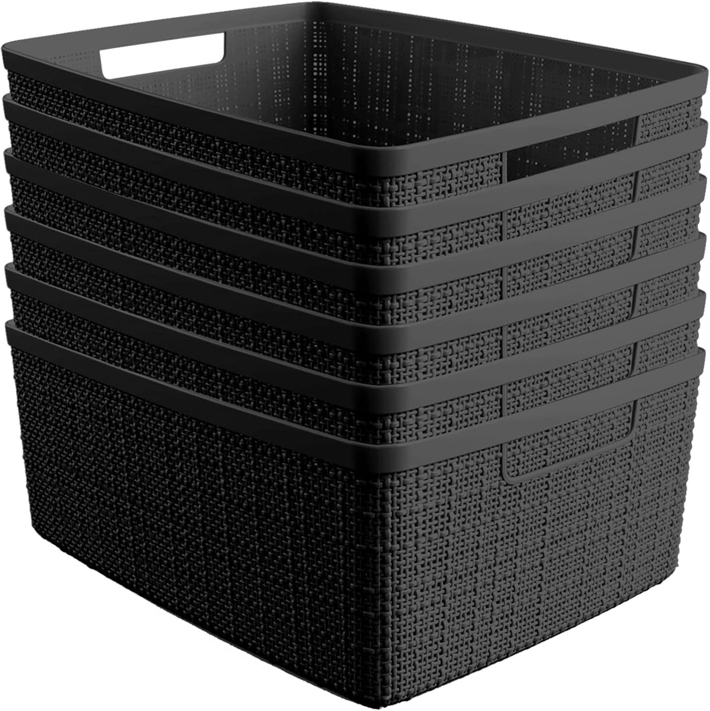 Curver Set of 6 Jute Medium Decorative Plastic Organization and Storage Baskets, Perfect Bins for