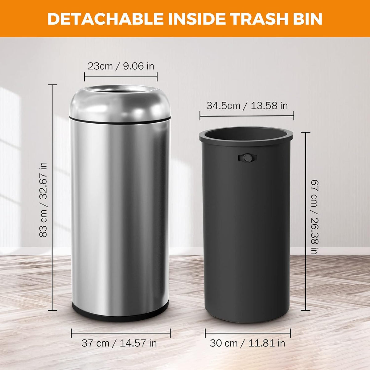 BEAMNOVA 16.5 Gallon Trash Can Black Open Top Large Outdoor Indoor Commercial Stainless Steel