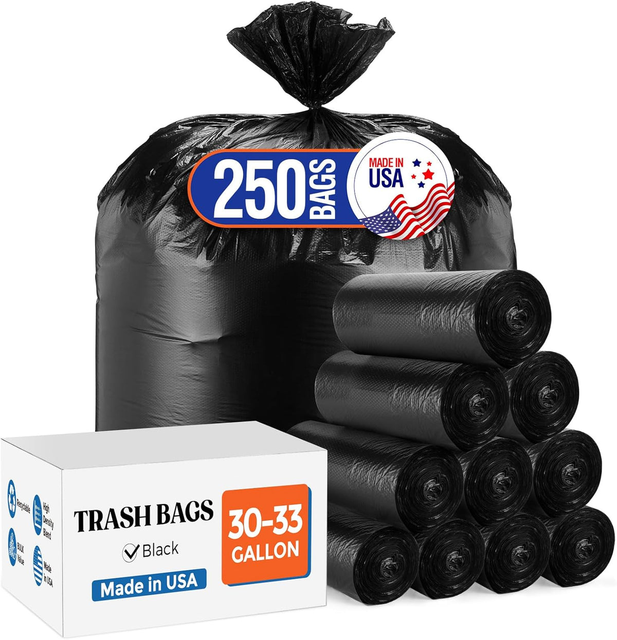 Delxo 30-33 Gallon Black Trash Bags, 250 Count – Medium Duty Garbage Bags, Thick, Durable &