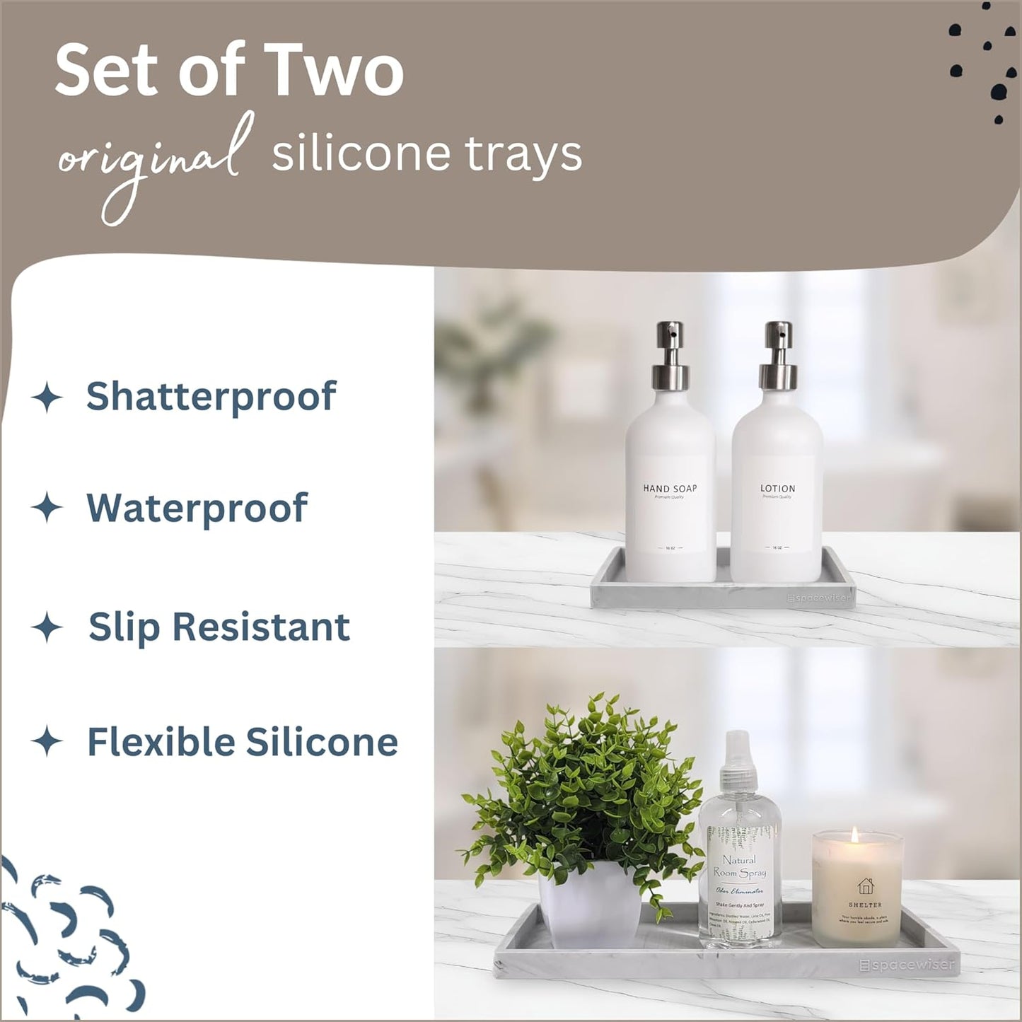 Countertop and Vanity Tray - 2 PC (11” and 7”) Shatterproof Silicone Kitchen and Bathroom Trays for