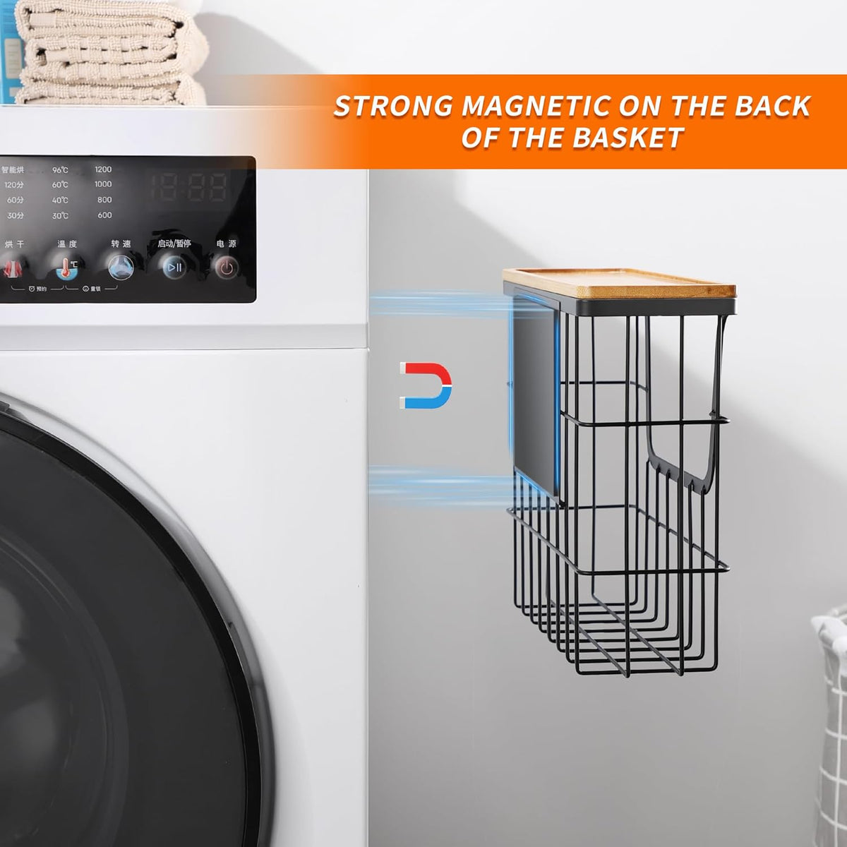 Magnetic Dryer Ball Holder - Black Basket for Laundry Room Organization and Storage with Bamboo Top