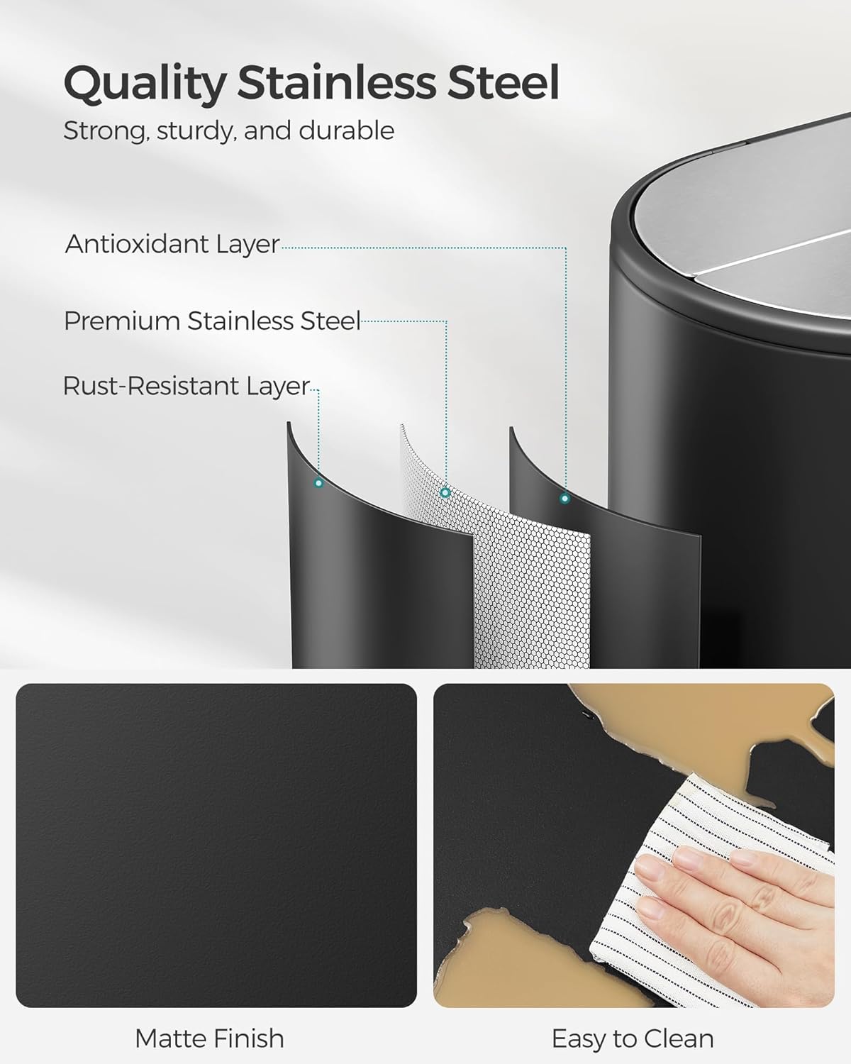 SONGMICS 13-Gallon Dual Kitchen Trash Can, 5.3 and 8 Gallon Compartments, Garbage Can with Wing