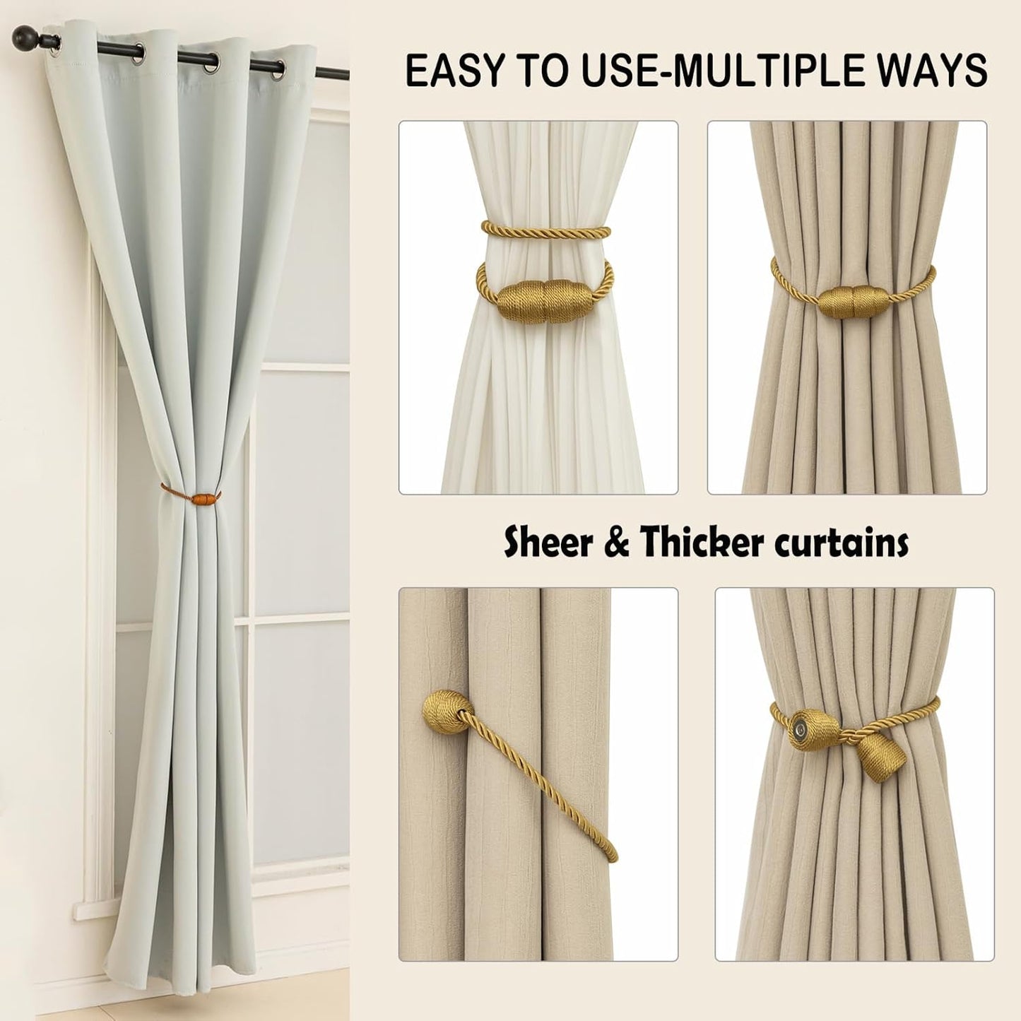 Magnetic Curtain Tiebacks Rope Curtain Tie Backs for Curtains 2 Pack Curtain Holders for Drapes