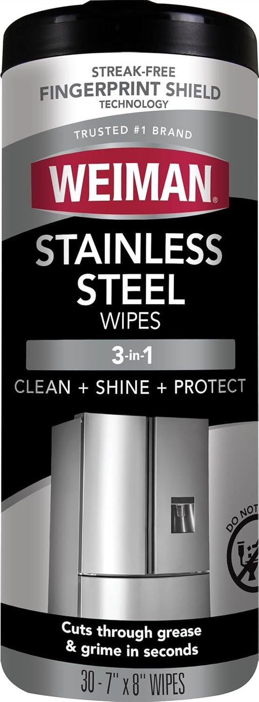 Weiman Stainless Steel Cleaner, 30 Count Cleaning Wipes, Removes Dirt, Grime, and Grease, No