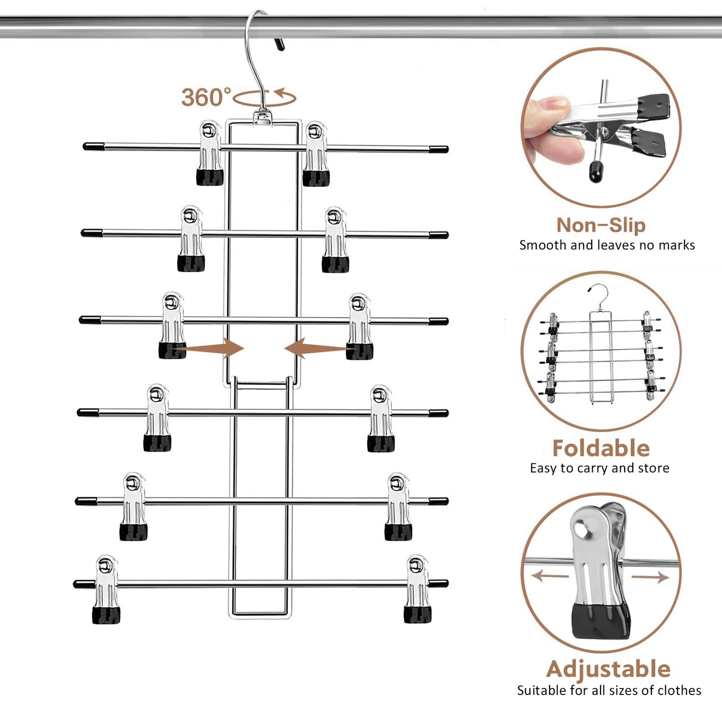 Pants Hangers with Clips,Space Saving Hanging Closet Organizer-6 Tiers Skirt Hangers with 360°