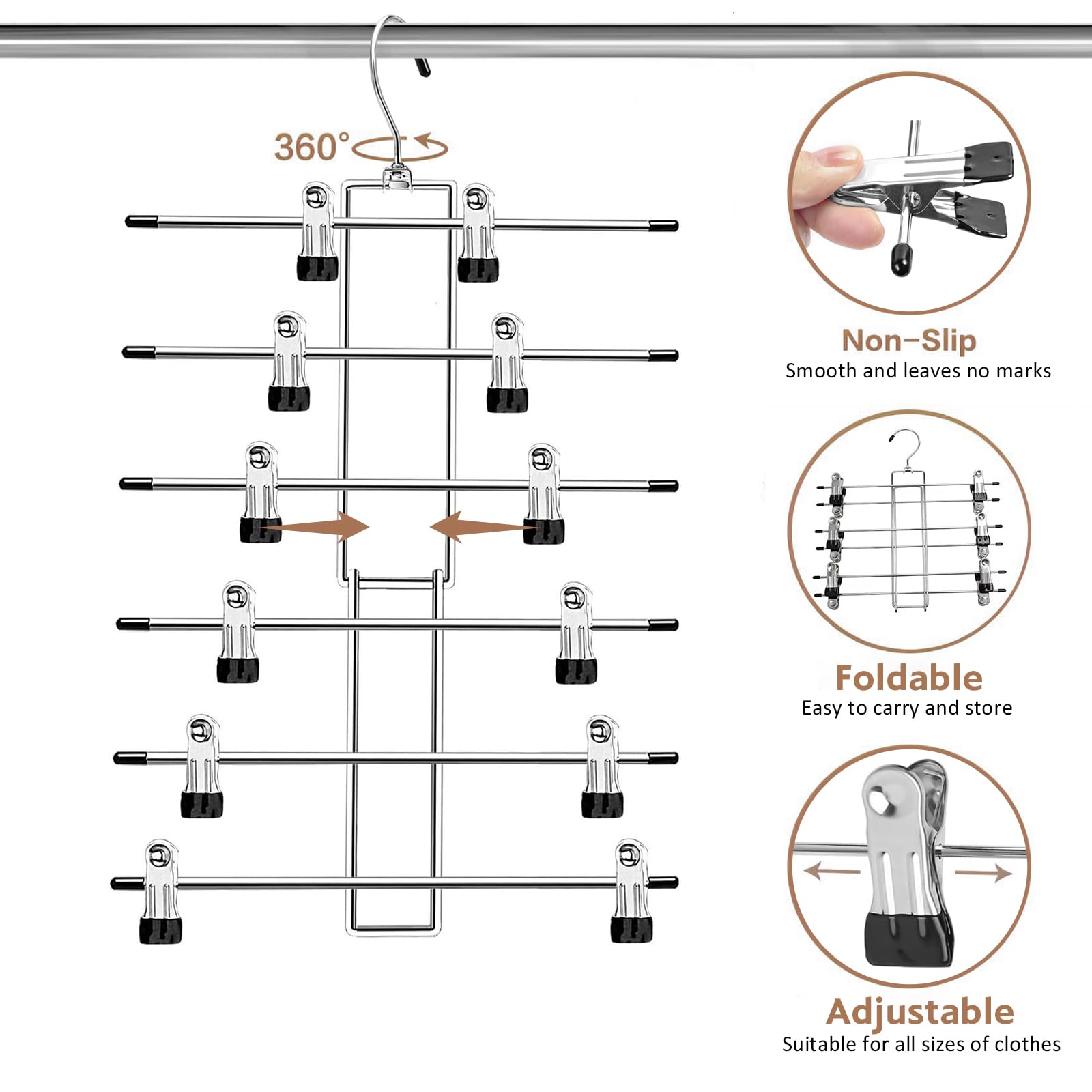 Pants Hangers with Clips,Space Saving Hanging Closet Organizer-6 Tiers Skirt Hangers with 360°