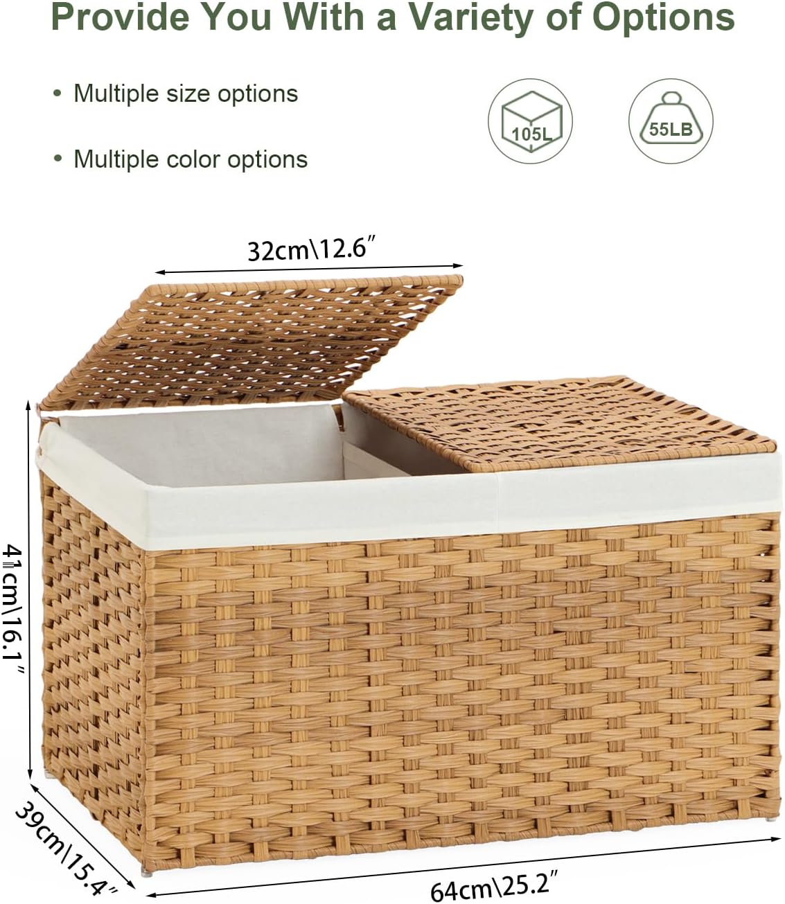 Storage Basket with Lid Rattan Storage Basket with 2 Separate Lid, 27.8 Gallon (105 L) 25.2 * 15.4