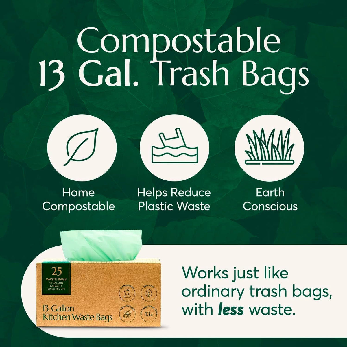 Cleanomic Compostable* 13 Gallon Trash Bags with Drawstring (3 Pack, 75 Count), BPI Certified For