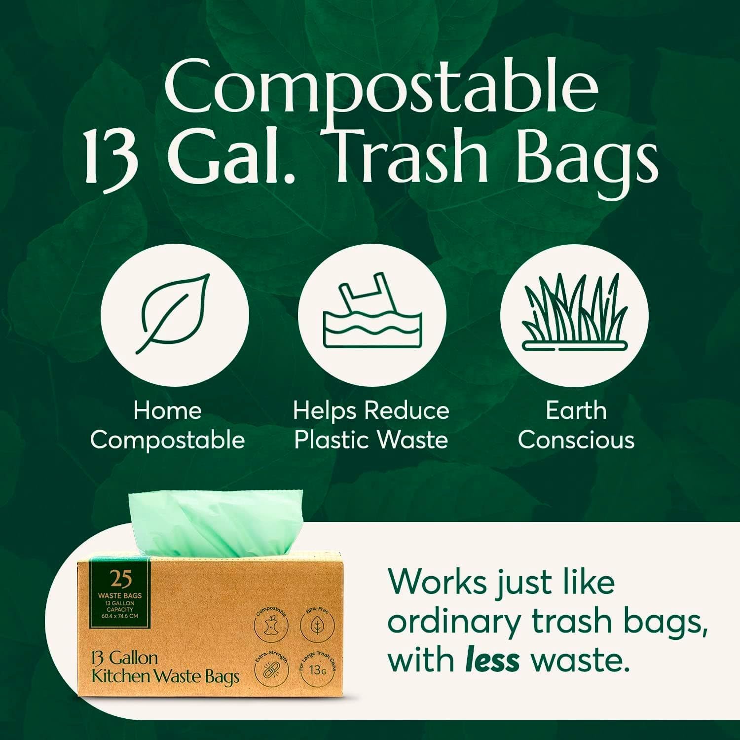 Cleanomic Compostable* 13 Gallon Trash Bags with Drawstring (3 Pack, 75 Count), BPI Certified For