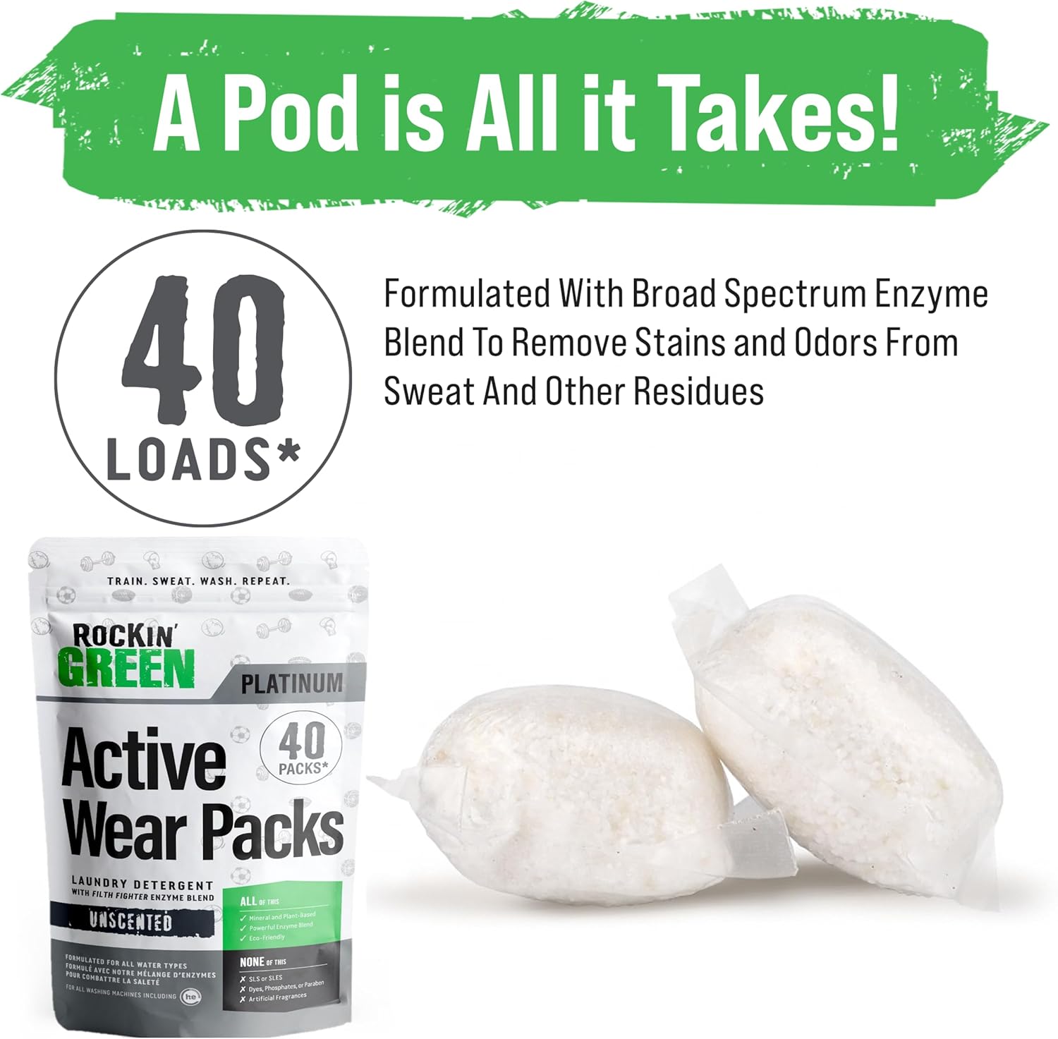 Rockin' Green Laundry Detergent Pods, Plant-based, All Natural, Vegan & Biodegradable Odor Fighter