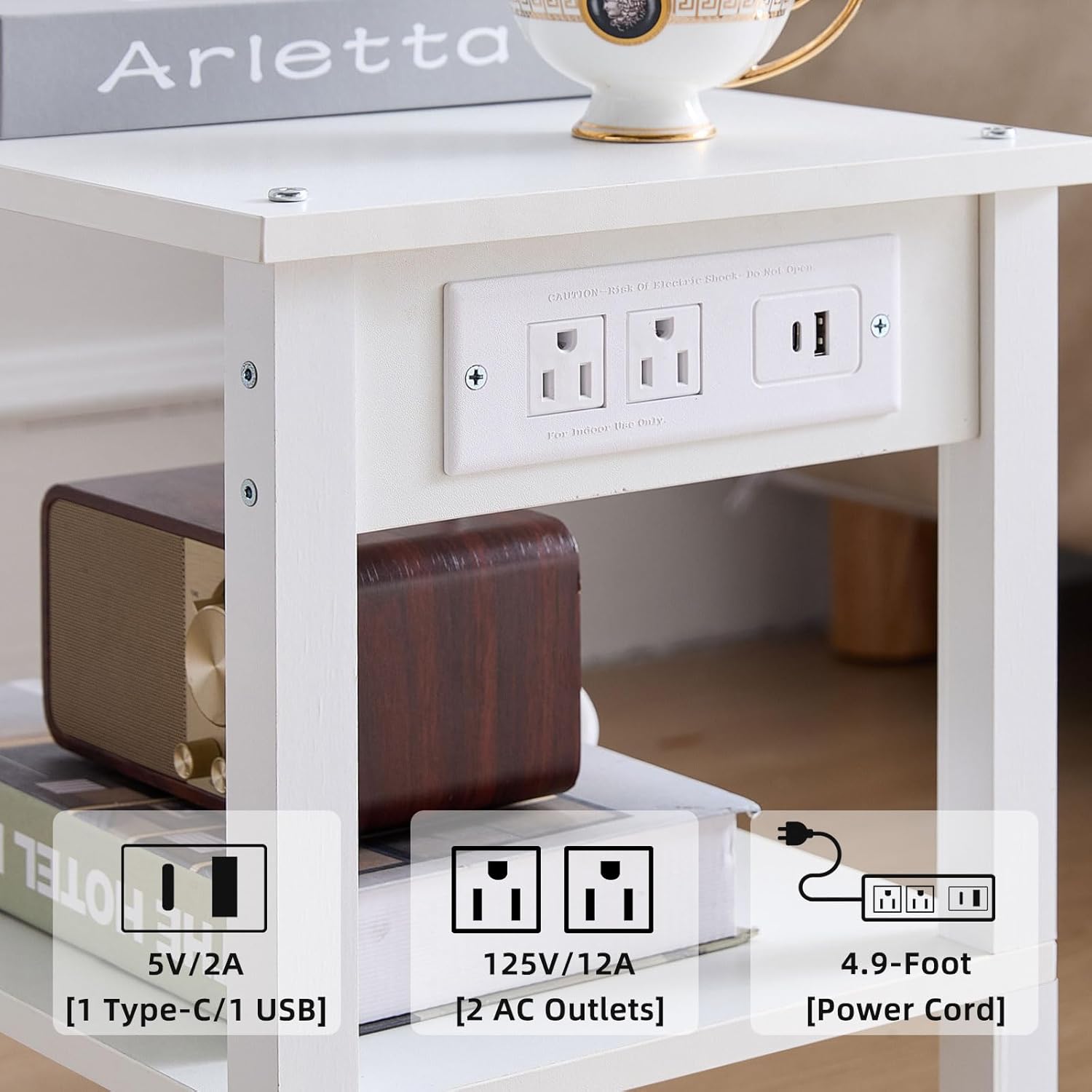 Lerliuo Under Desk Printer Stand with Charging Station, 2 Tier Wooden Small Printer Table with
