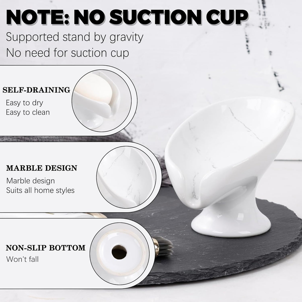 Soap Dish, Self Draining Bar Soap Holder for Bathroom Sink, Leaf Shaped Drainage Ceramic Marble