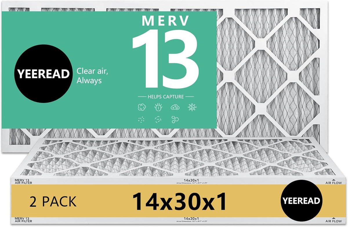 14x30x1 MERV 13 Air Filters, 2-Pack – Actual Size 13.7" x 29.7" x 0.75" – High-Efficiency Pleated