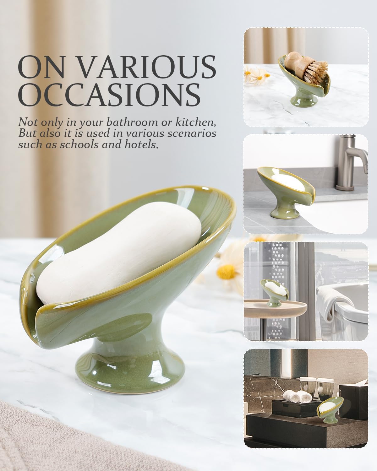 Soap Dish, Self Draining Bar Soap Holder for Bathroom Sink, Leaf Shaped Drainage Ceramic Olive