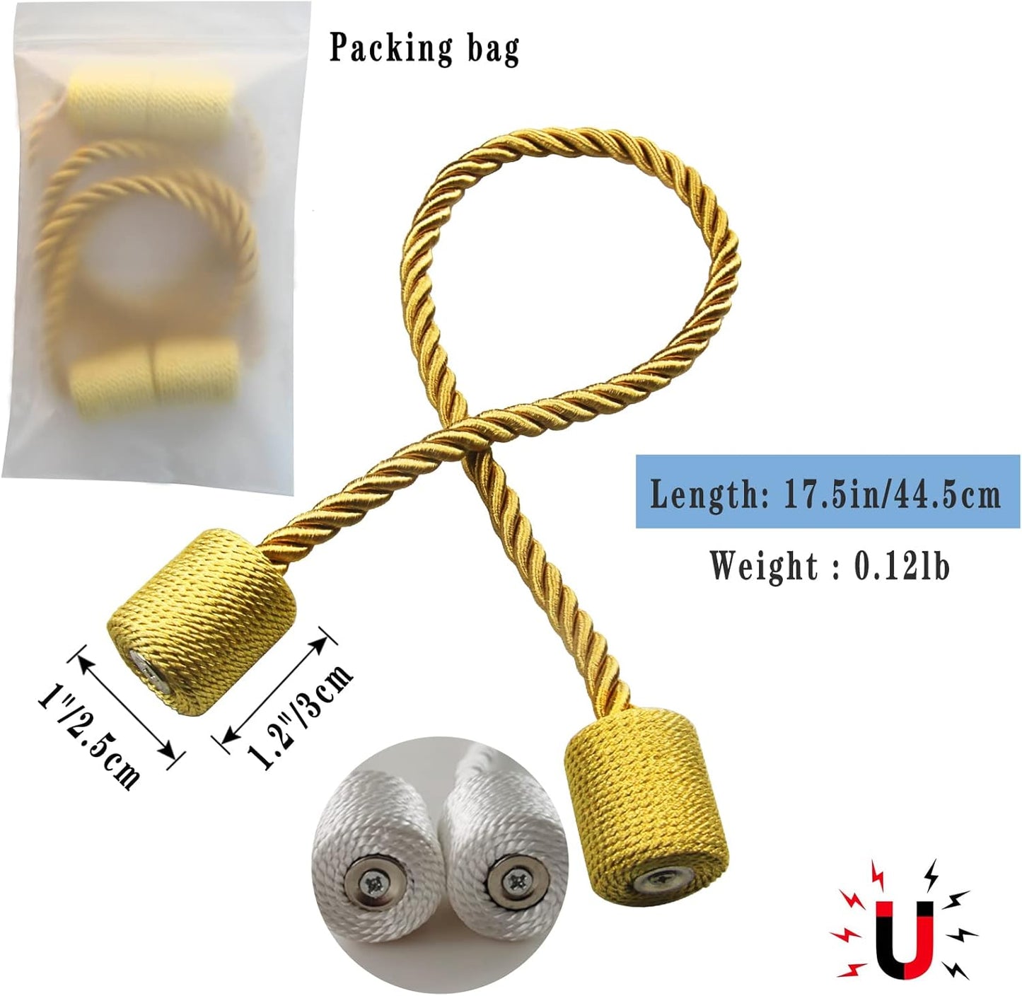 Magnetic Curtain Tiebacks 4 Pack Gold Curtain Rope Tieback Curtain Holders for Drapes Modern Tie