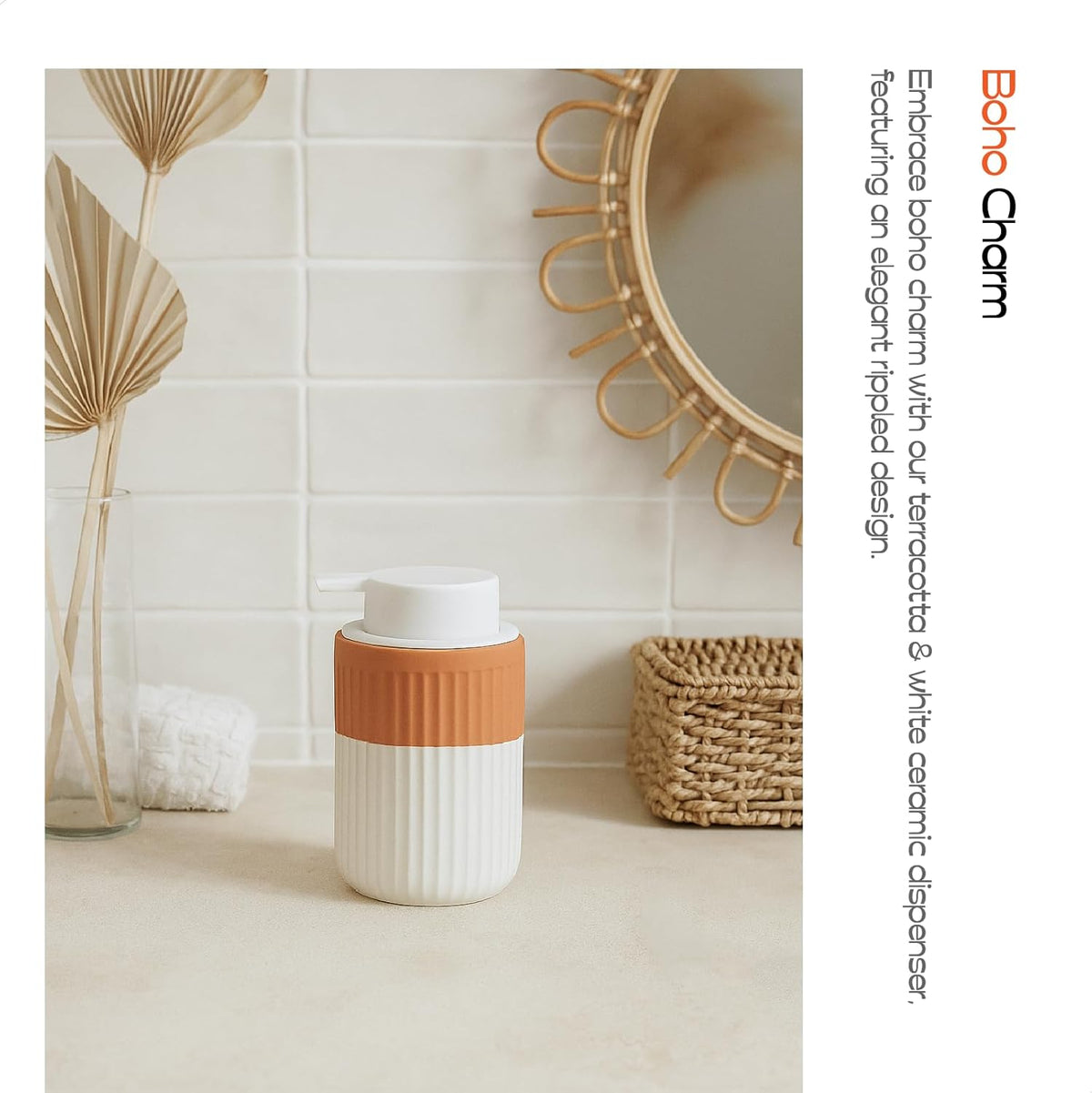 Hand Dipped Terracotta Ceramic Foam Soap Dispenser, 12 oz Rippled Bubble-Up Bottle with White